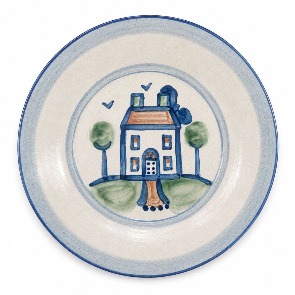 Vintage M.A. Hadley Hand Painted Plate Whimsical House Blue Rim Folk Art Pottery